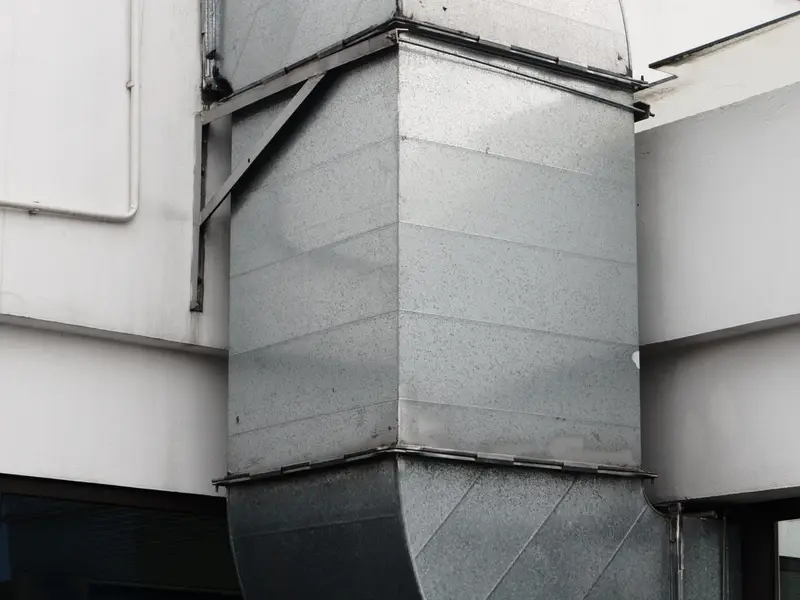Insulated metal ductwork running along a ceiling