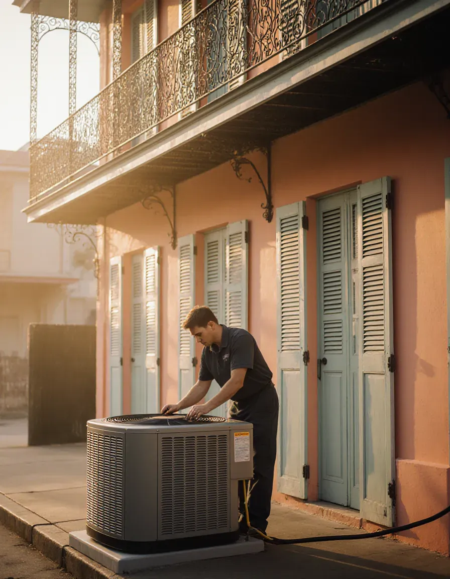 HVAC tech servicing an AC condenser beside a New Orleans house with iron balcony
