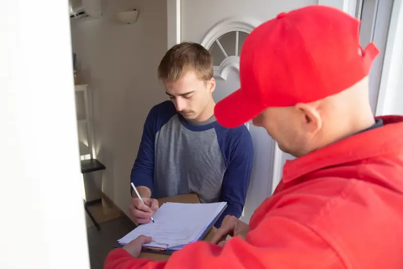 Technician in a red cap going over a written price with a homeowner at the front door