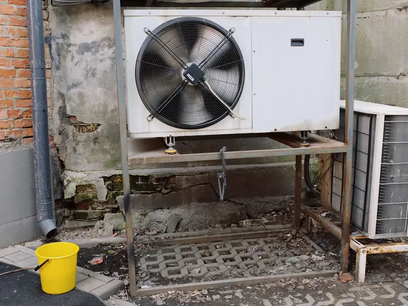 Outdoor AC unit on a raised metal stand