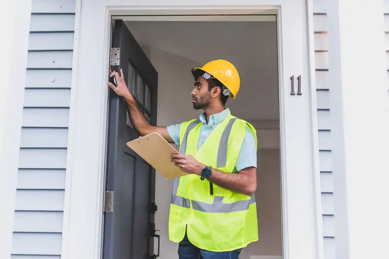 Technician with a clipboard knocking at a homeowner's front door